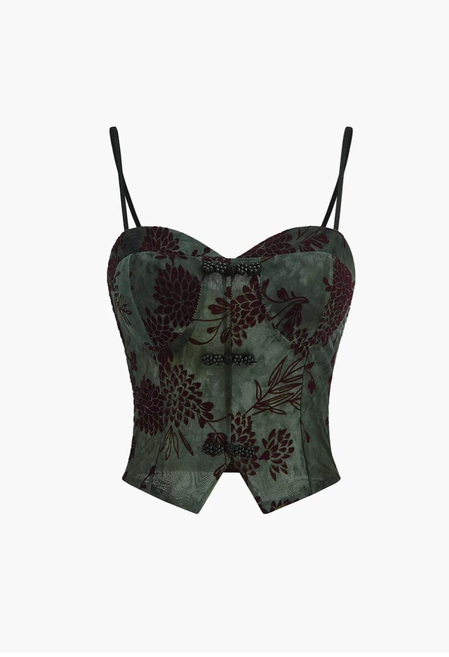Semi-Sheer Button Detail Velvet Floral Cami Top